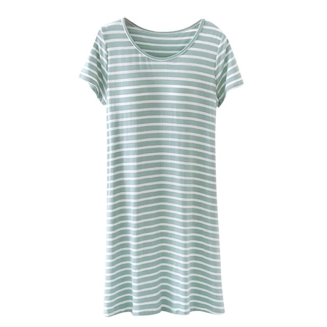 Tnhcen Robe de Pyjama à Rayures en Modal pour Femme avec Coussinets de Soutien-Gorge Intégrés - Vêtement de Nuit Doux et Confortable Col Ras du Cou Manches Courtes Tissu Extensible Facile d'Entretien Tenue Décontractée à la Maison M-3TG