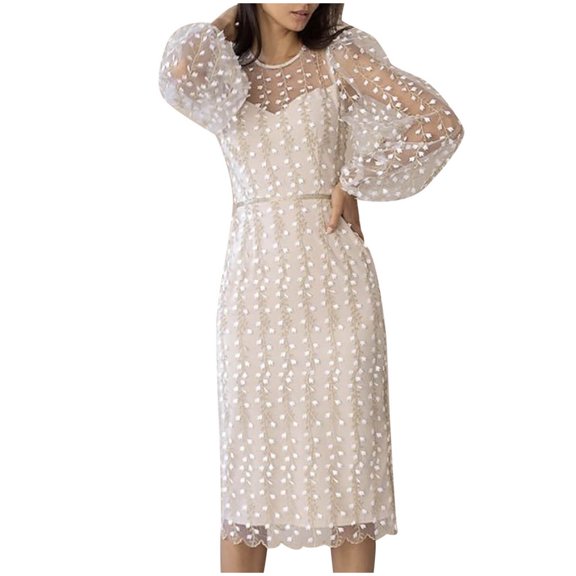 Fesfesfes Women Dress V-neck Embroidered Mesh Long Sleeve Zipper Solid Mid-Calf Dress Party Dress Tops on