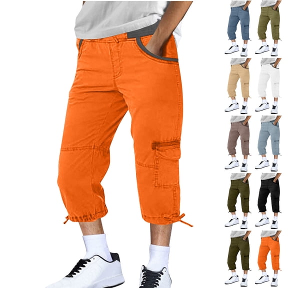 QLEICOM Men's Pants,Pants for Men,Men's Solid Color Drawstring Waist Capri Pants with Functional Pockets Comfortable Short Length Trousers for Casual Wear