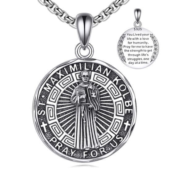 YAFEINI Saint Maximilian Kolbe Necklace Sterling Silver Religious Protector Pendant St Maximilian Kolbe Jewelry Gifts for Women Men