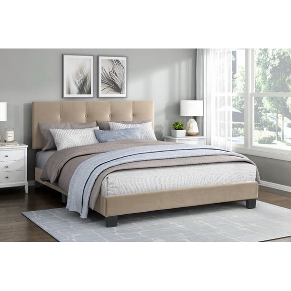 Queen Platform Bed with Light Brown Velvet, Solid Wood & Adjustable Height Button-Tufted Headboard