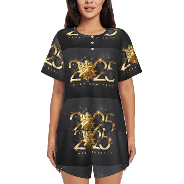 Balery 2025 Happy New Year 1 Conjunto de Pijama para Mujer con Estampado, Dos Piezas de Manga Corta y Shorts, Ropa de Dormir Suave con Cuello Redondo y Bolsillos-XX-Large