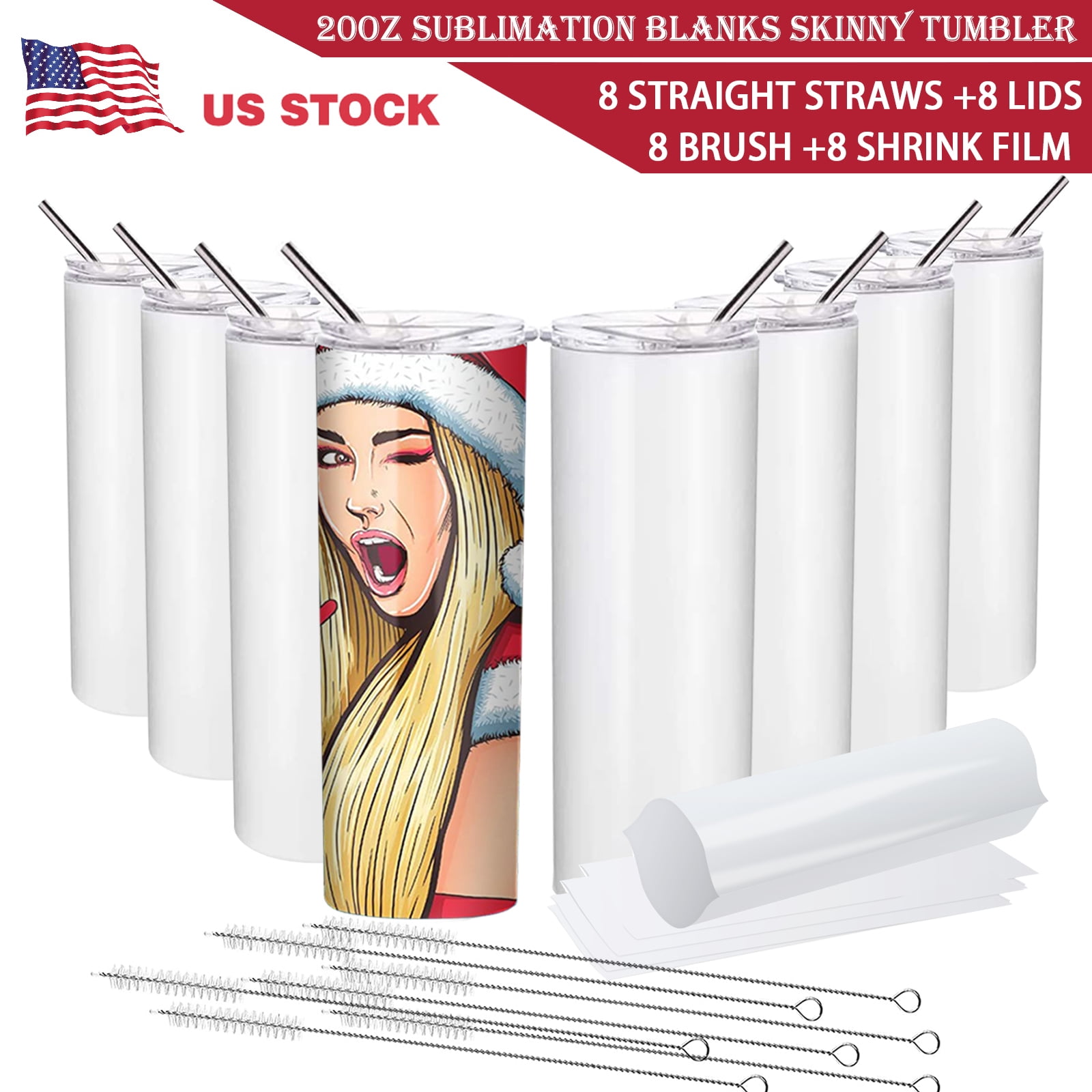 8 Pack 20oz Sublimation Skinny Tumbler Bulk, Stainless Steel Straight