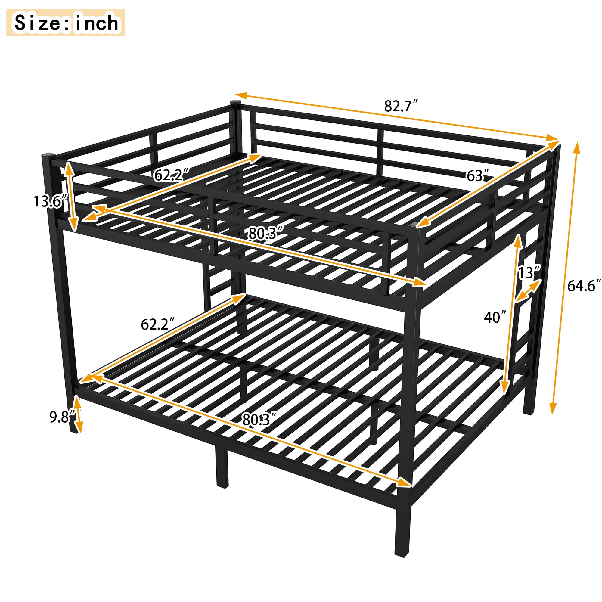 Mintazer Queen Over Queen Metal Bunk Bed with 2 Side Ladders & Guardrails for Teens Adults Bedroom Dorm, Black