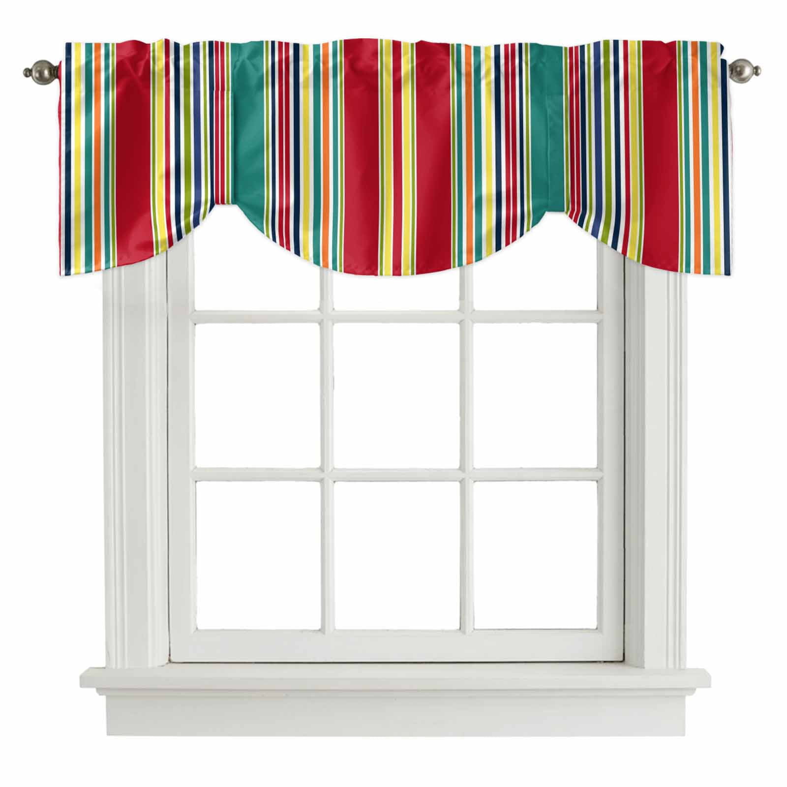 Colored Stripes Tie Up Valances Curtain, Adjustable Kitchen Abstract Red Teal Yellow Vertical Stripe Modern Valances for Windows Decor, Rod Pocket Short Curtains Set for Bedroom/Bathroom, 60"x18"