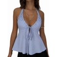 thumbnail image 2 of Women Striped Front Tie Top Y2k Halter Neck Flowy Summer Going Out Tank Top Streetwear Light Blue L, 2 of 9
