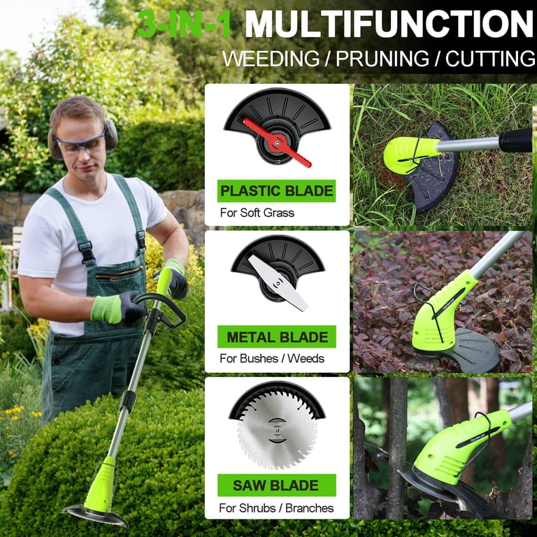 GardenJoy Cordless Weed Wacker - 12V Battery Grass Trimmer With 3 Blades & Fast Charger, 3.7lbs Lightweight
