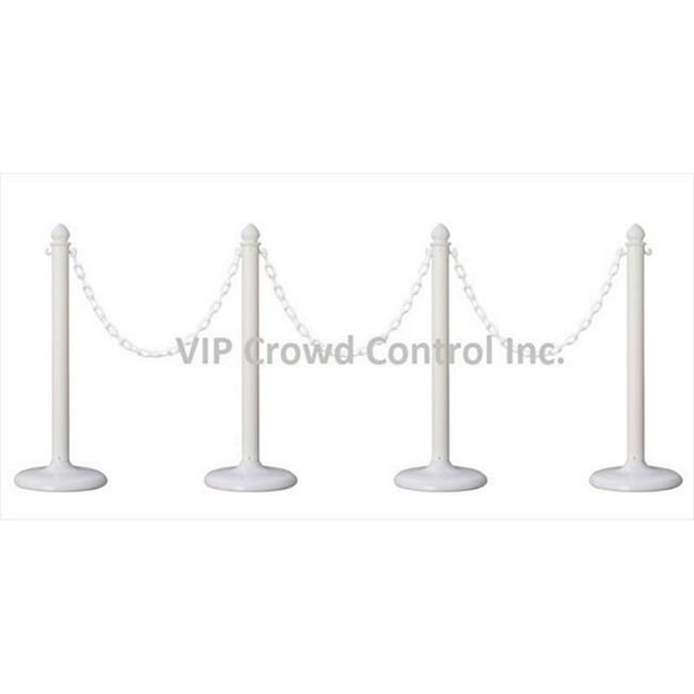 VIP Crowd Control 14 in. Flat Base Plastic Stanchions - 32 ft. Chain, White, 4 Piece