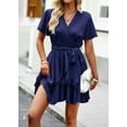 thumbnail image 4 of Womens Sexy Deep V Neck Short Sleeve Tie Waist Ruffle Hem Flowy Swing Mini Short Wrap Dress, 4 of 7