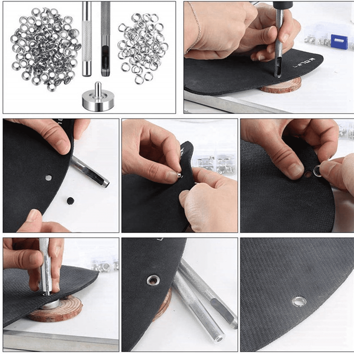 300Pcs Metal Eyelets Set 6mm Grommet Rings Kit with Mounting Punch Rod for DIY Accessories Leather Craft Clothing Repair