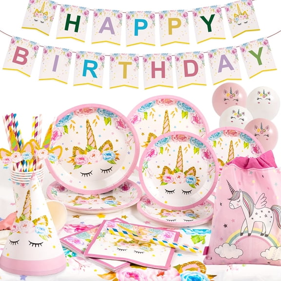 131 Pcs Unicorn Plates and Napkins, Birthday Party Supplies, Unicorn Tableware Set for Girl, Birthday Party Decor Serves 24