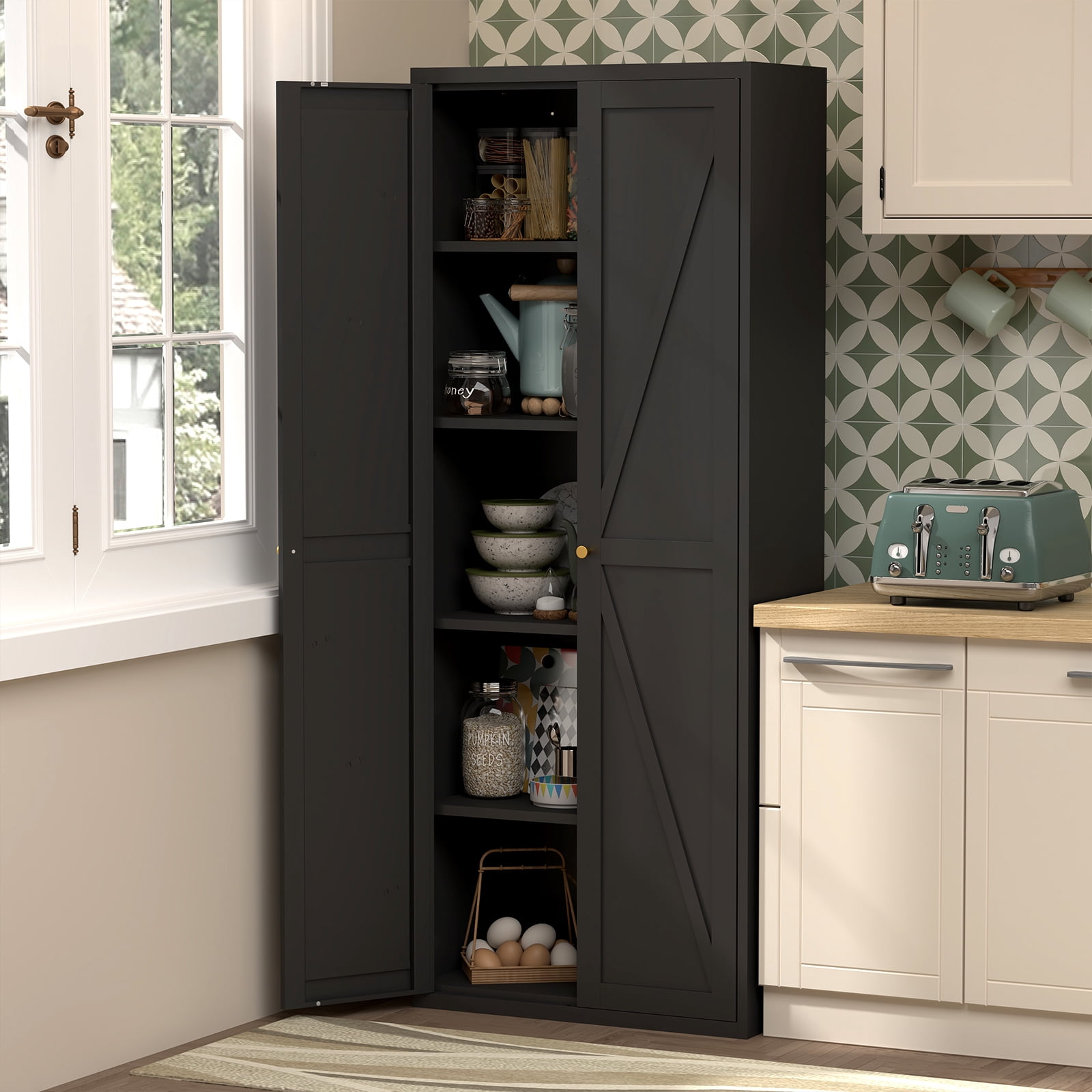 2 Doors Metal Storage Cabinet Kitchen Pantry Cabinet With Adjustable Shelves Tall Steel Cabinet Locker For Kitchen, Living Room, Dining Room and Office
