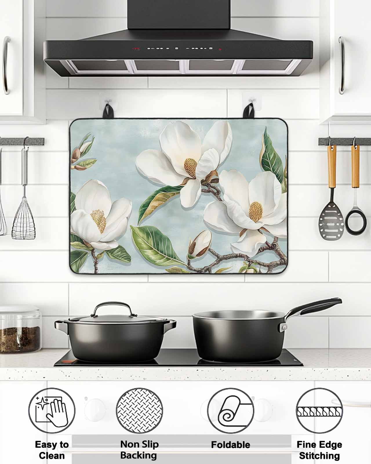 Stove Top Covers for Electric Stove, Botanical Flowers Glass Stovetop Cover Protector, Country Magnolia Leaves Branches Induction Cooktop Protector Oven Mat for Kitchen Countertop 24"x21"