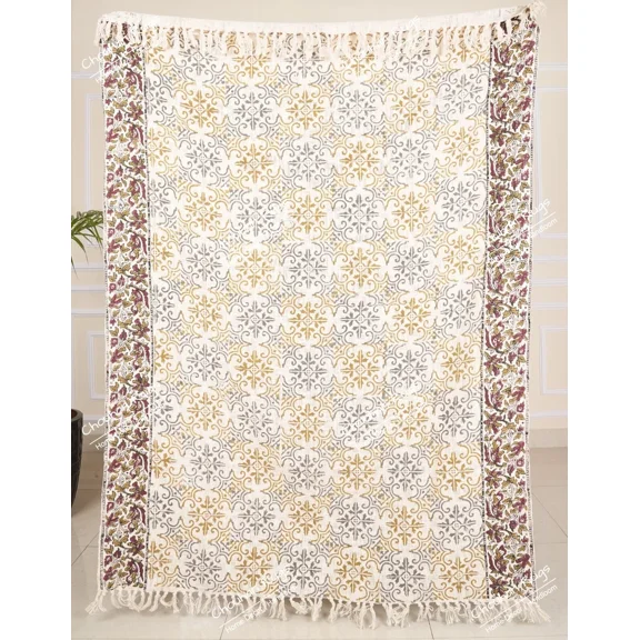 Handmade Bohemian Cotton Throw Blanket, Indian Classic Hand Loomed Block Printed Throws, Sofa Cover, BedSheet,Curtain, Home Decor