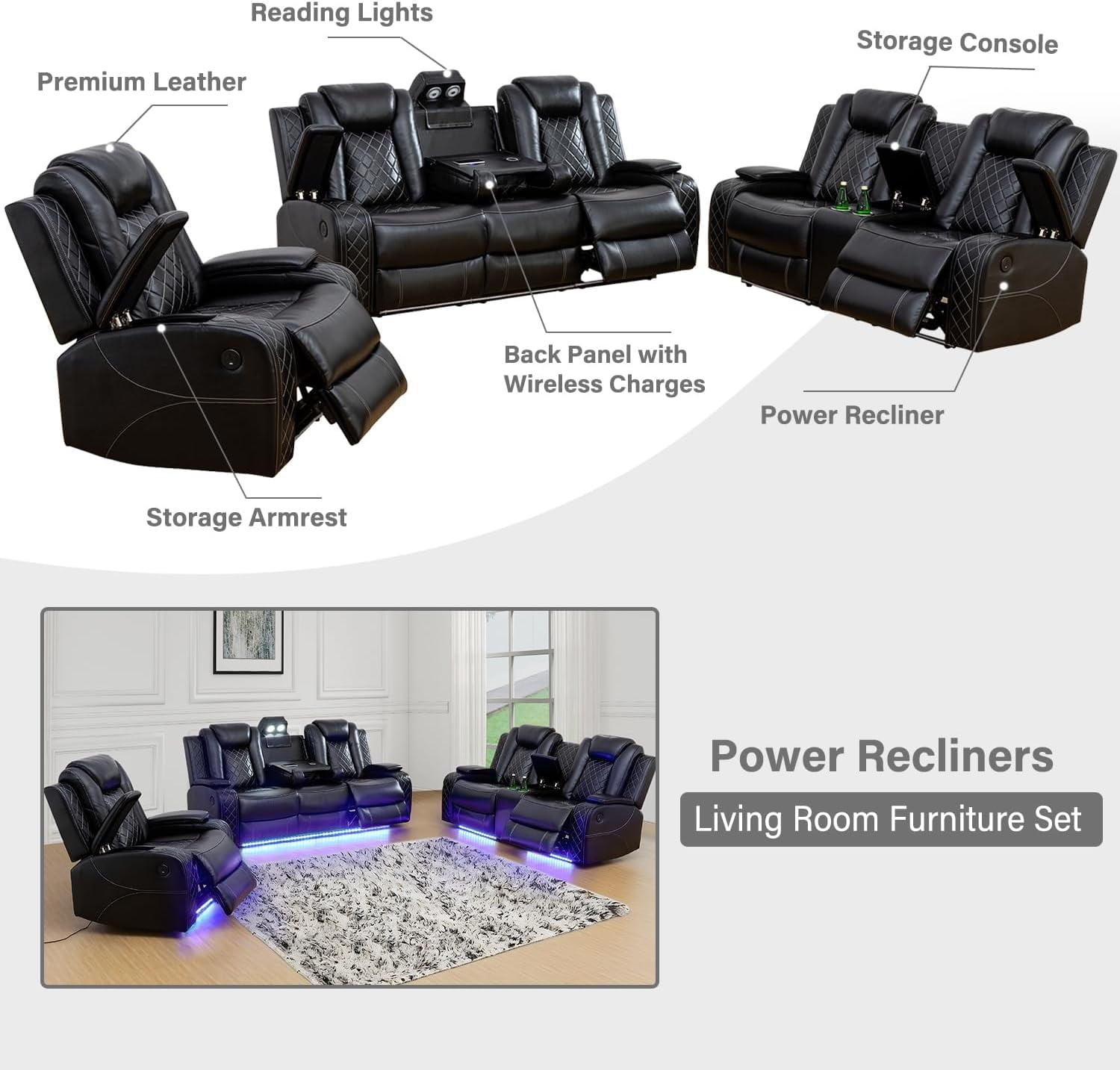 PonLiving Leather Power Recliner Sofa Set LED Lights USB Chargers Black Leather Living Room Furniture Set SOFA+LOVESEAT