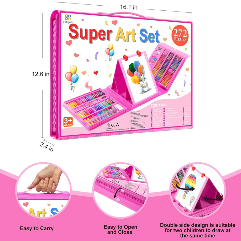 Art Supplies, 272 Pack Art Set Drawing Kit for Girls Boys Teens Artist,  Deluxe Gift Art Box with Trifold Easel, Origami Paper, Coloring Book,  Drawing Pad, Pastels, Crayons, Pencils, Watercolors(Pink) 