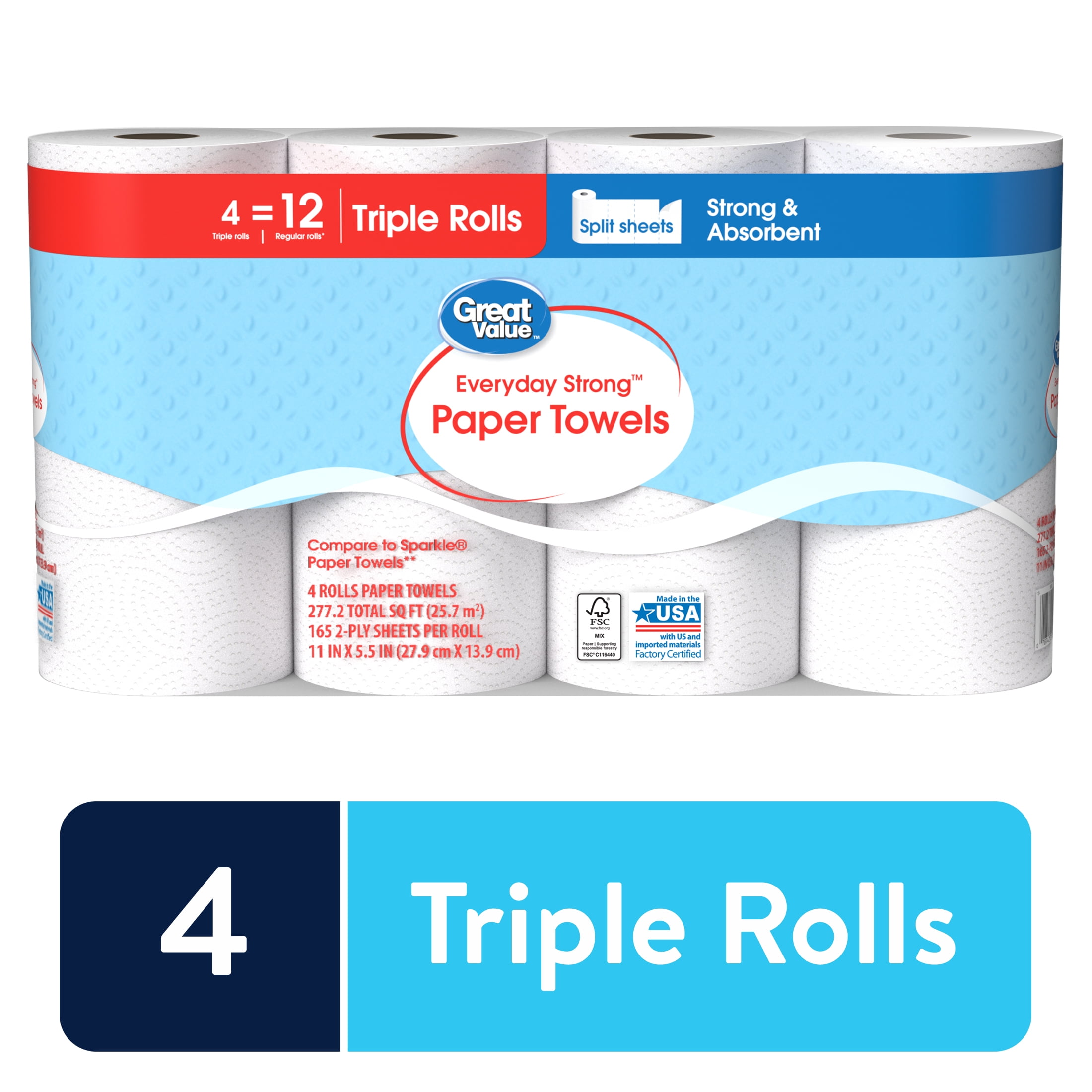 Great Value Everyday Strong Paper Towels, Split Sheets, 4 Triple Rolls