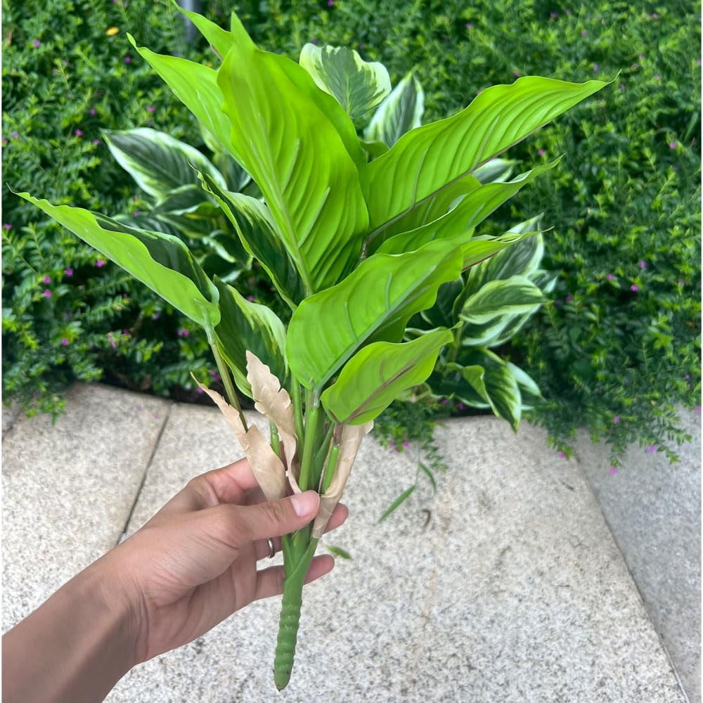 4 Bushes Perennial Hosta Artificial Variegated Green Leave Plant 15.7" Faux Dieffenbachia Tropical Plant Outdoor Shrubs Indoor Yard Decor