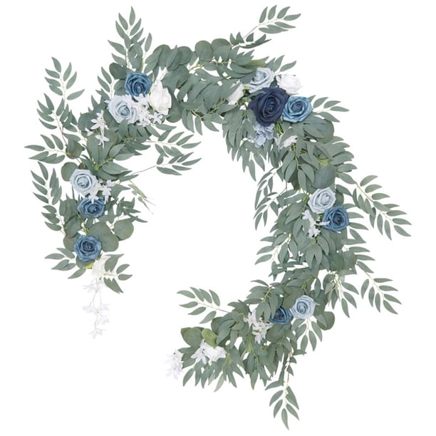 de eucalitto Artificial de 180cm, enredaderas de sauce, colgante de pared de flores rosas falsas para decoración de puerta, azul Gloria Guirnalda de eucalipto