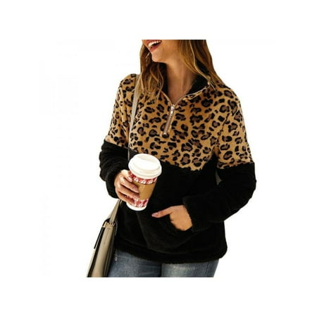 Women Autumn Stylish Leopard Printed Pullover Turtleneck Zipper Sweater