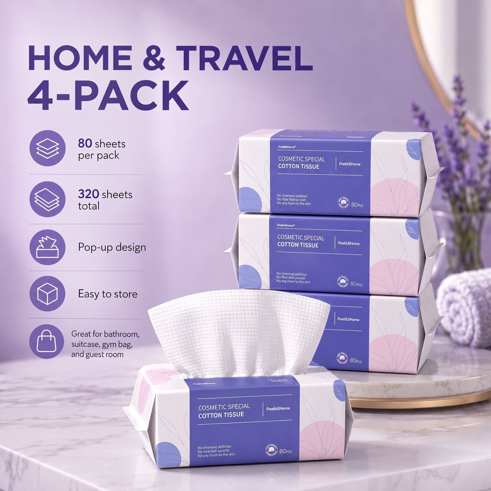 PoeticEHome Disposable Face Towels, Thick Yet Soft Cotton Dry Wipes, 4 Pack | 320-Count Facial Towels for Cleansing, Makeup Removal and Face Drying; Absorbent, Lint-Free, Unscented Washcloth