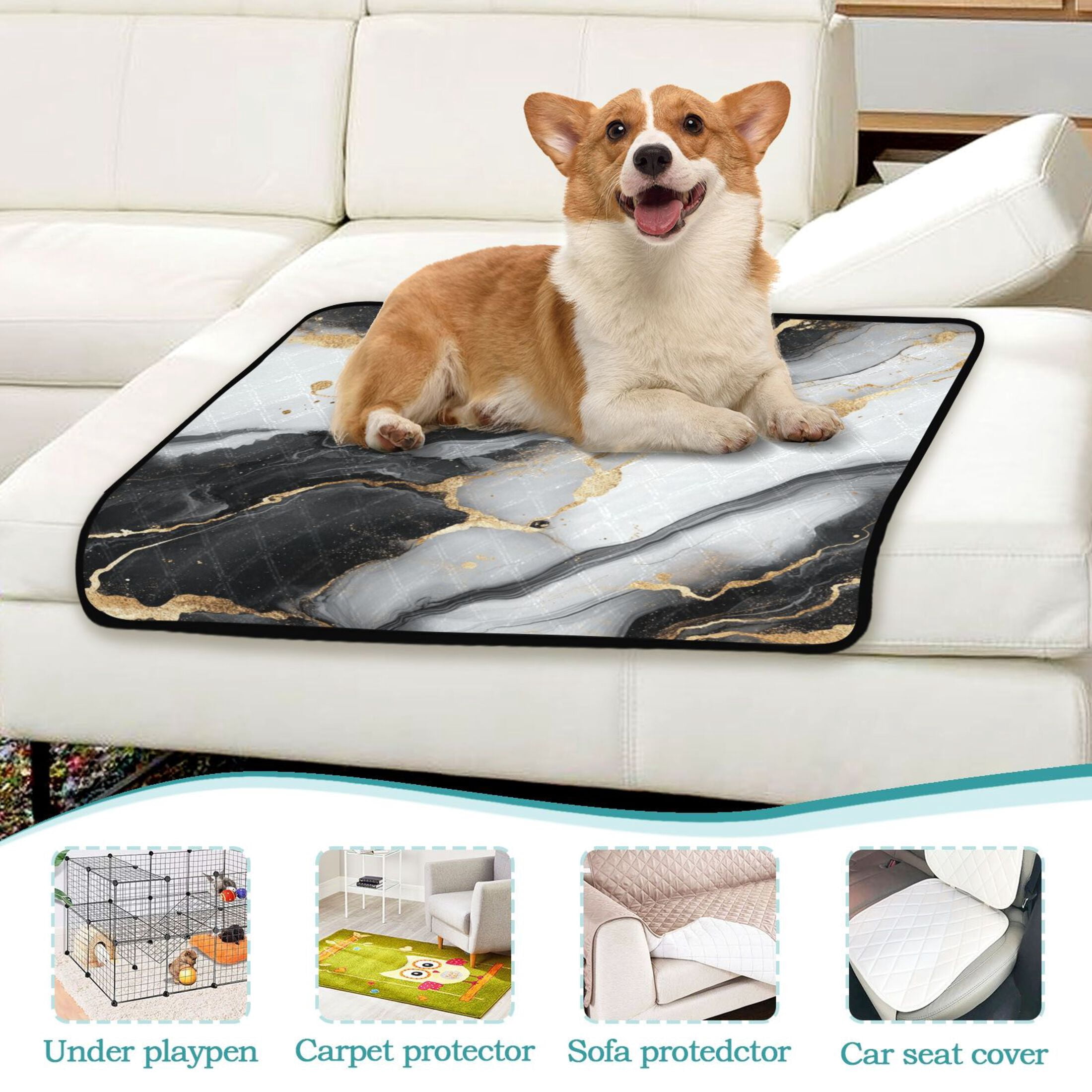 Qxltty Gilt Black Veined Marble Cat litter Pads Pet Set of 3 Diaper Mats Center Anti-leakage Layer Absorbent Soft and Comfortable