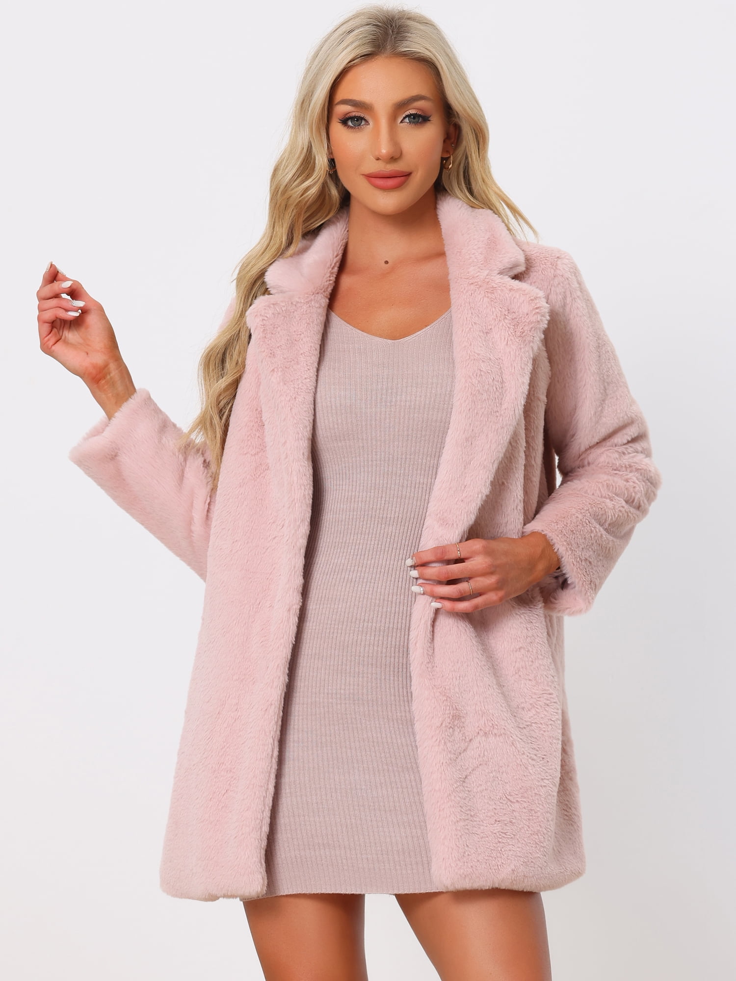DARING DIVA Women's Lapel Faux Fur Fuzzy Warm Jacket Overcoat XS Dusty Pink