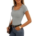 thumbnail image 6 of Weikingp Tight Fitting Shirts For Women，Scrub Undershirt Short Sleeve Business Casual Outfits Full Length Tops For Women Gym Workout Tops Slim Fitted Casual Shirts Gray L, 6 of 8