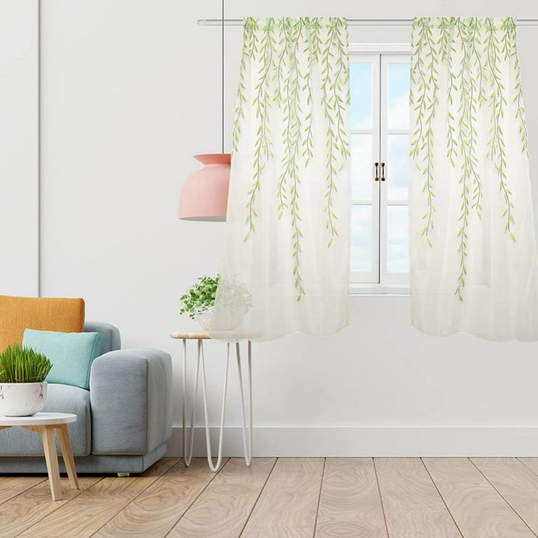 Willow Leaf Sheer Curtains, Vine Patterned Green Sheers Rod Pocket Leaves  Voile Drapes Botanical Window Curtain for Living Room Balcony Sunroom  Closet