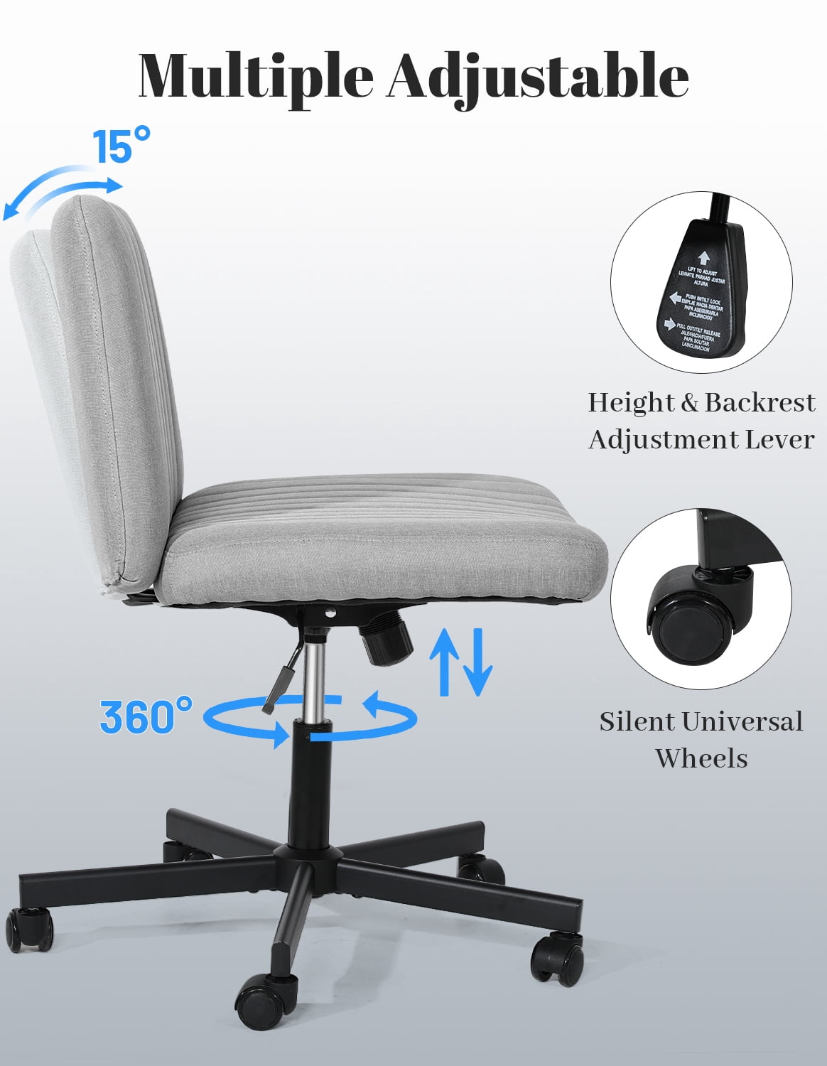 LOGYAT Extra Wide Rolling Desk Chair, Criss Cross Legged Chair, Armless Office Chair with Wheels, Plus Size Vanity Chair for Bedroom, Grey