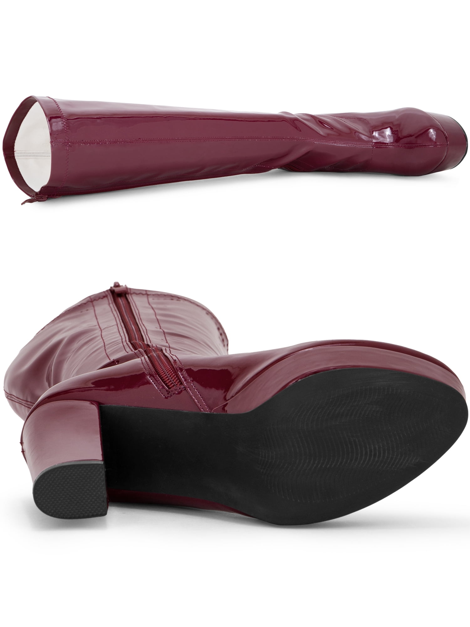 DARING DIVA Women's Patent Leather Platform Chunky Heel Knee High Boots Burgundy 8