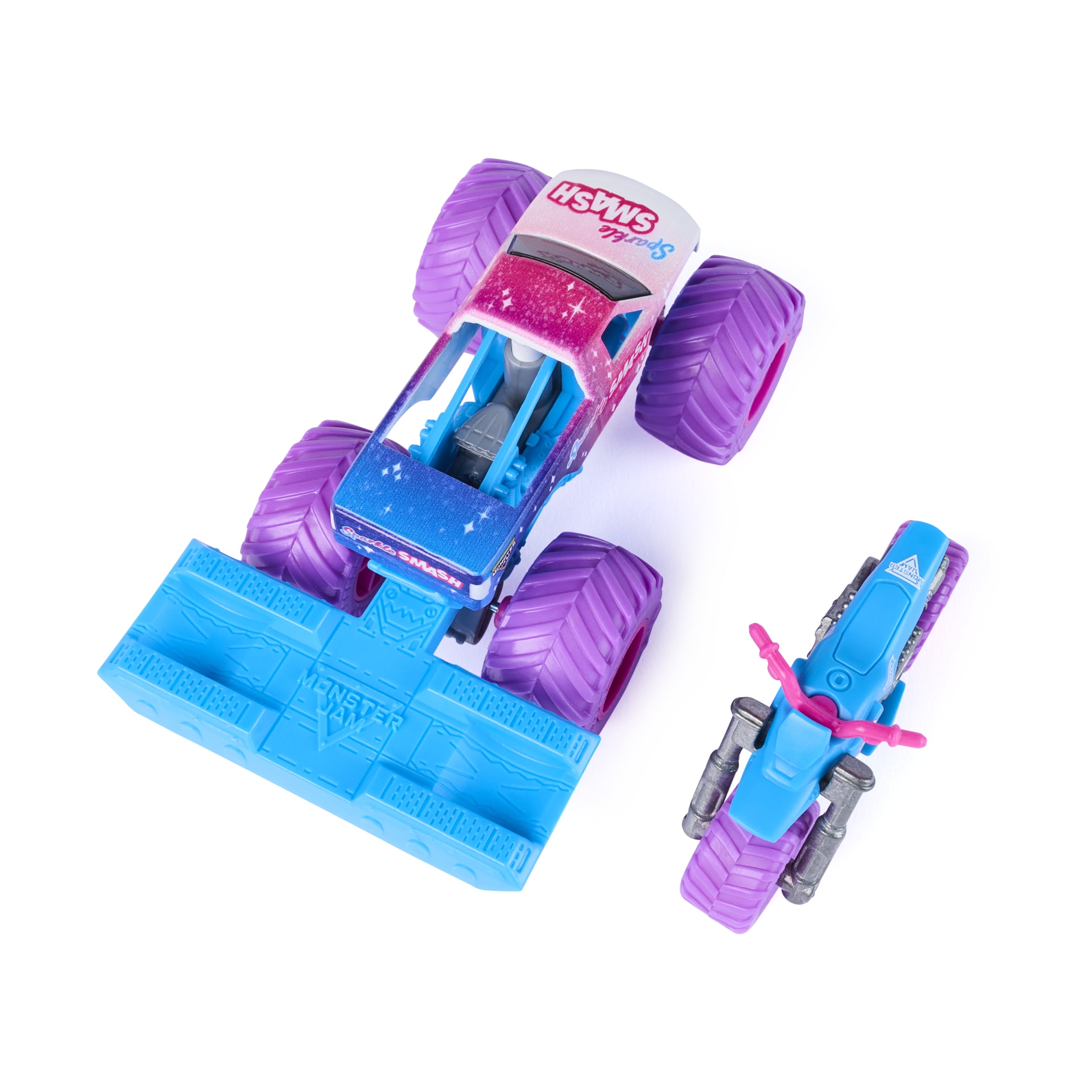 Monster Jam, Monster truck et moto tout-terrain Sparkle Smash officiels, coffret de 2 véhicules avec accessoire, échelle 1:64, jouets pour garçons et filles, à partir de 3 ans