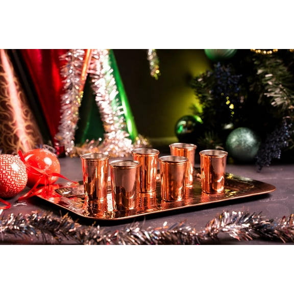 Copper Serving Tray and Cup Set of 7 | Handmade Solid Copper Shot Glasses and Tray Set
