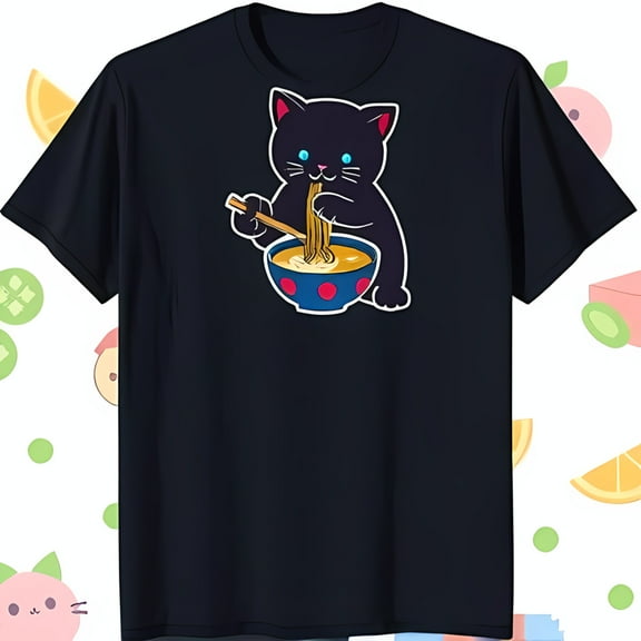 Funny Black Cat Eating Ramen T-Shirt with Hat Cute Cartoon Design