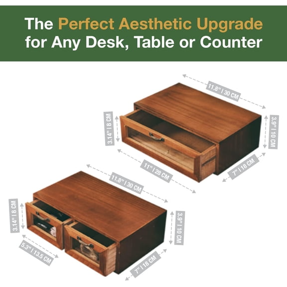 2-pc Stackable Storage Drawers - See-Through Wooden Storage Cabinets - 2-Level Desktop Organizing Cabinet with 3 Drawers - Solid Wood Storage Box with Display & Metal Handles