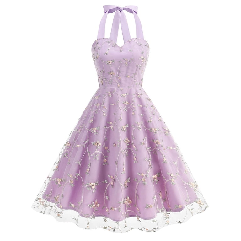 Ayolanni Women Dresses Plus V-Neck Purple Knee-Length Ball Gown Sleeveless Embroidery Dresses Ladies Dresses M