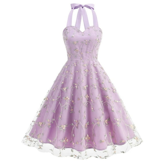 Diufon Vintage Dress for Women Elegant 1950s Hanging Neck Sleeveless Floral Embroidery Mesh Princess Dresses