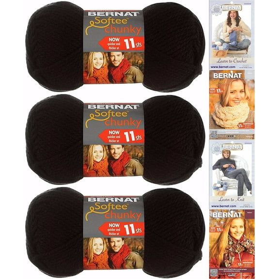 Bernat Softee Chunky Yarn Bundle Super Bulky Number 6, 3 Skeins, Black