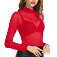 thumbnail image 5 of Dyfzdhu Long Sleeve T Shirts for Women High Neck Arm Shaper Top Sheer Mesh Yoke Casual Blouse Shirt Red, 5 of 9