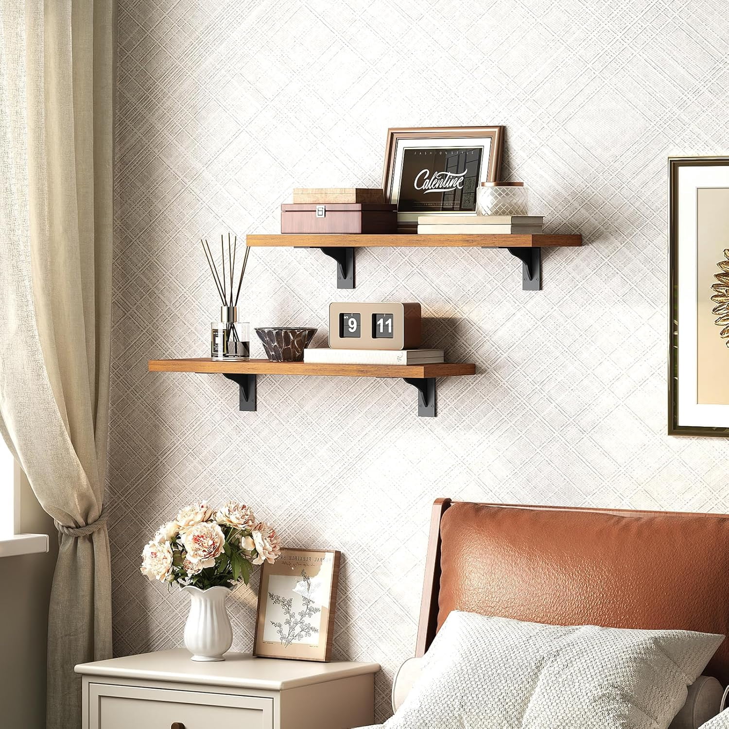 Floating Shelves for Wall, 15.4" Wall Mounted Shelves Set of 2, Hanging Storage Shelf with Metal Brackets, Wooden Shelf for Living Room, Bedroom, Bathroom, Rustic Brown and Black BF42BJP201G1