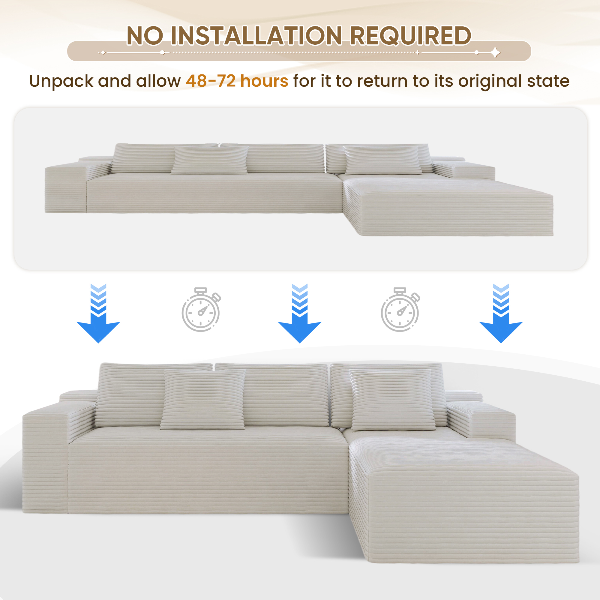 Lunale 104" Cloud Sectional Sofa with Right Chaise, Oversized Modular L-Shaped Couch, Plush Corduroy Sleeper Couch for Living Room, No Assembly Required, Beige