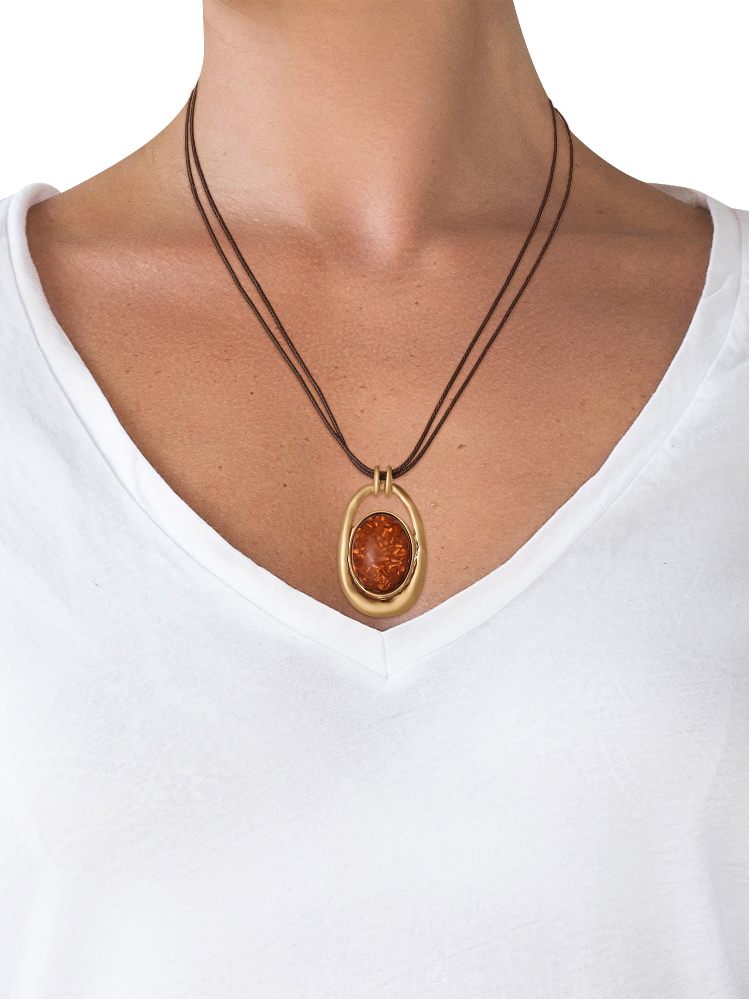 Jessica Simpson Women's Oval Stone Cord Necklace, 20" + 3" Extender, Gold-Tone Pendant
