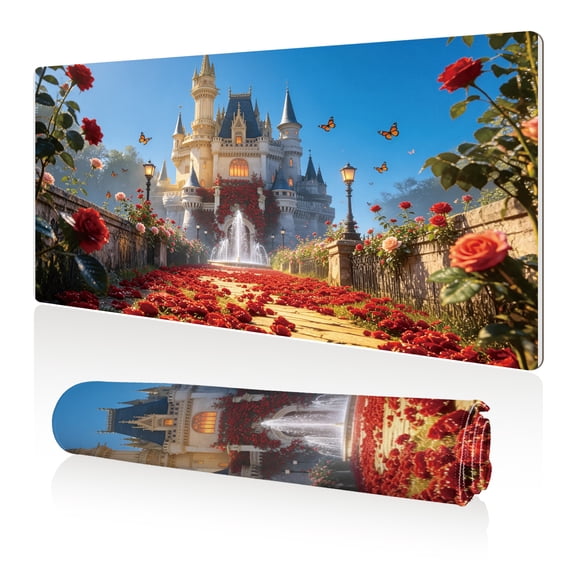 LIVEKEY Mouse Pad 80x40cm Extra Large Non Slip Stitched Edges Full Coverage Durable Easy Clean Fairy Tale Castle with Red Roses Fountain and Butterflies Art for Gaming Office