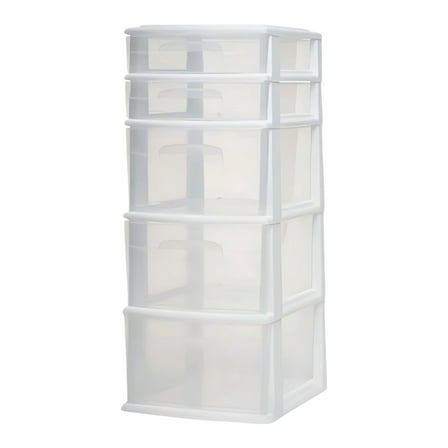 Homz Plastic 5 Drawer Medium Home Storage Cart, White Frame with Clear Drawer