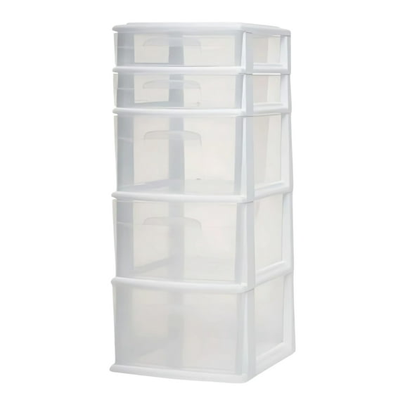 Homz Plastic 5 Drawer Medium Home Storage Cart, White Frame with Clear Drawer