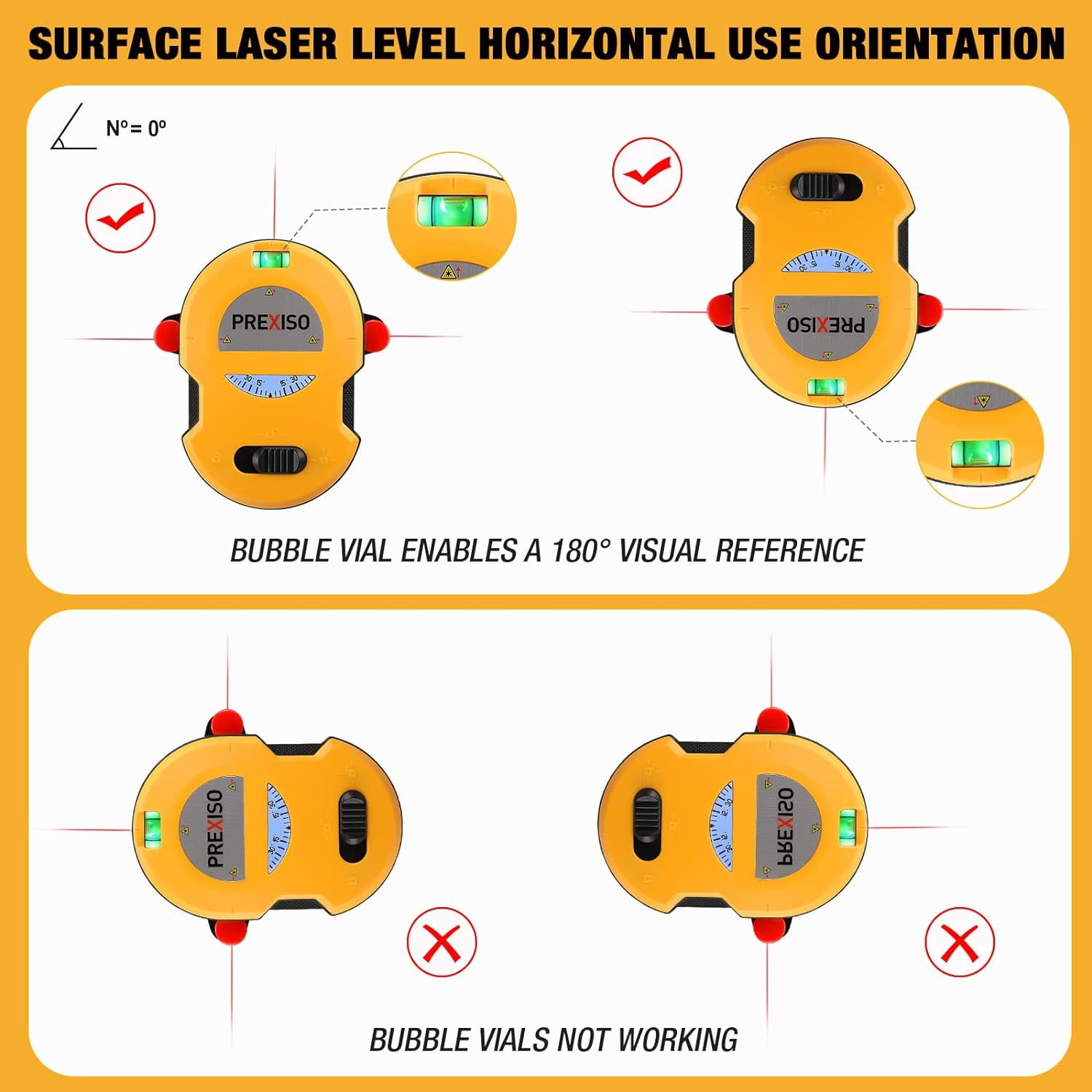 PREXISO Multi Surface Laser Level LED Light Vial, 30Ft Horizontal & Vertical Line Laser with Wall Mount Base, 2 Pins, 10 Sticker, 2 AA Batteries