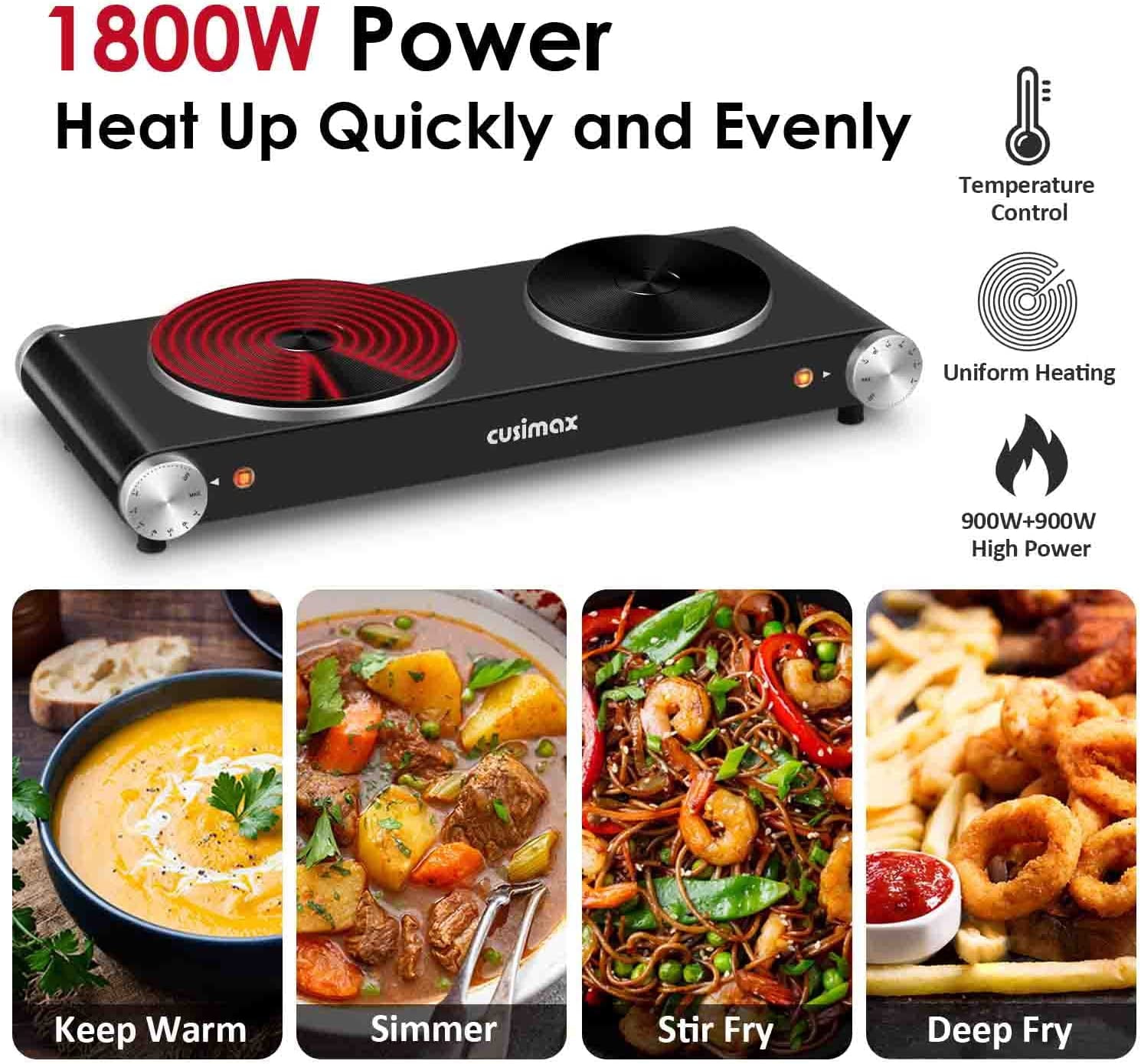 Hot Plate for Cooking 1800W Portable Electric Double  Countertop Cooktop Cast Iron Stove Heating Plate with 7 Power Levels Adjustable Temp Control, Compatible for All Cookwares