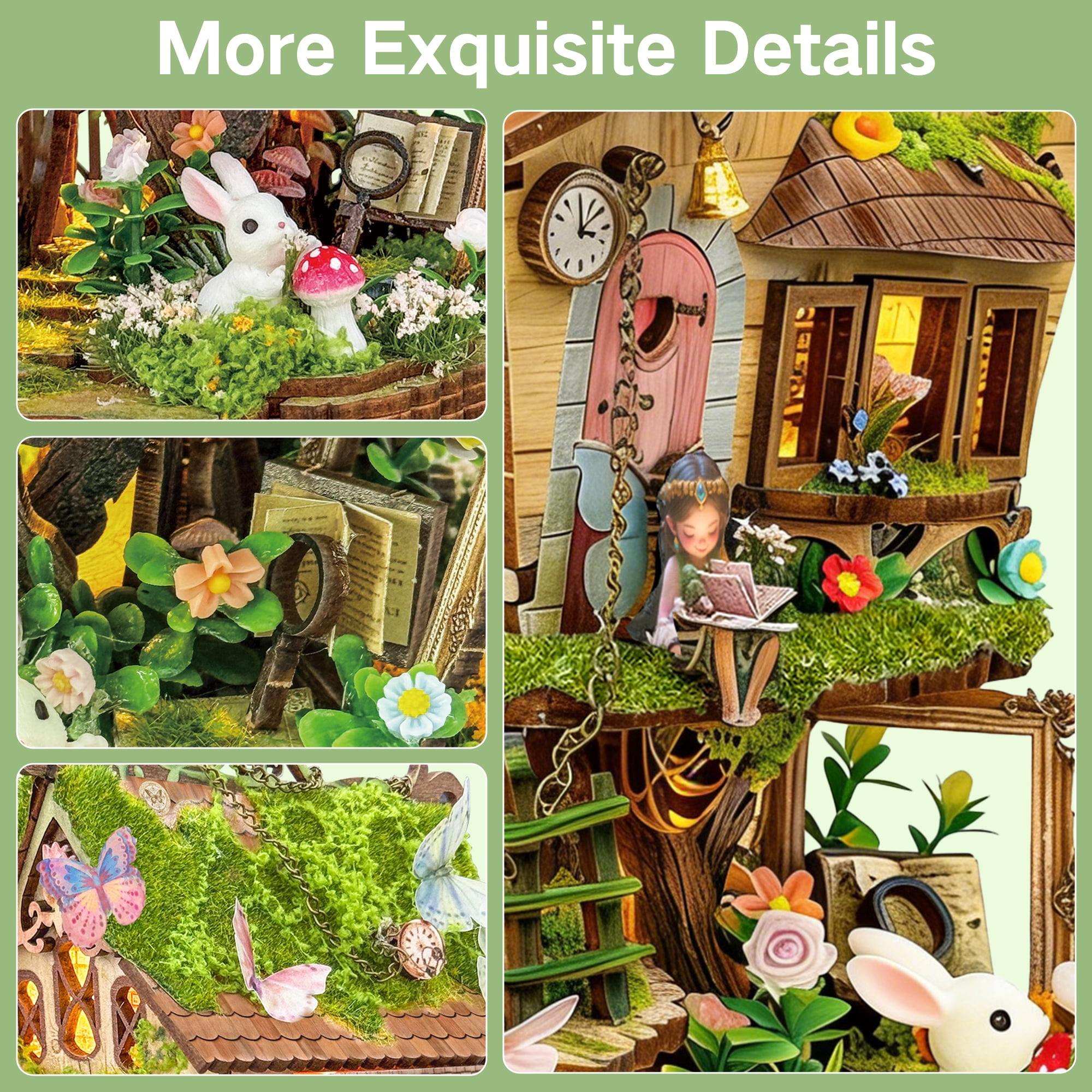 BELEEV 3D Wooden Puzzle Model Building Kit, Miniature House Kit with LED Light, Fantasy Tree House Book Nook Kit for Adults, Dollhouse Bookshelf Decor, Creative DIY Crafts Gift for Teens Adults