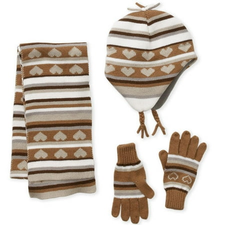 Girls' 4-Piece Heart-Stripe Scarf, Beanie and Gloves
