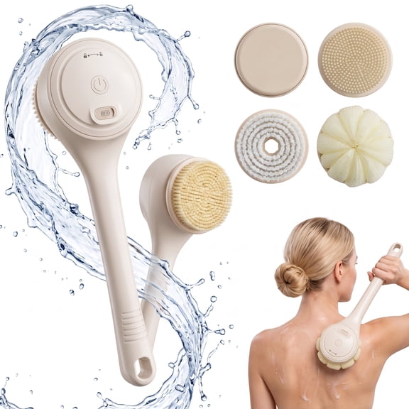 Bokyan Electric Body Brush, Rechargeable Shower Brush with Long Handle, IPX7 Waterproof Spin Skin Brush with 4 Brush Heads, Head Holder